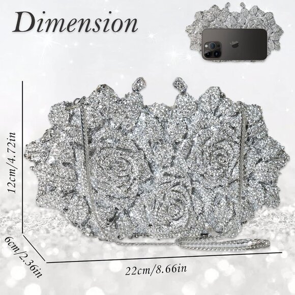 ⚡ Women's Rhinestone Sparkly Handmade Glitter Diamond Flower Silver Clutch Bag - Picture 5 of 6